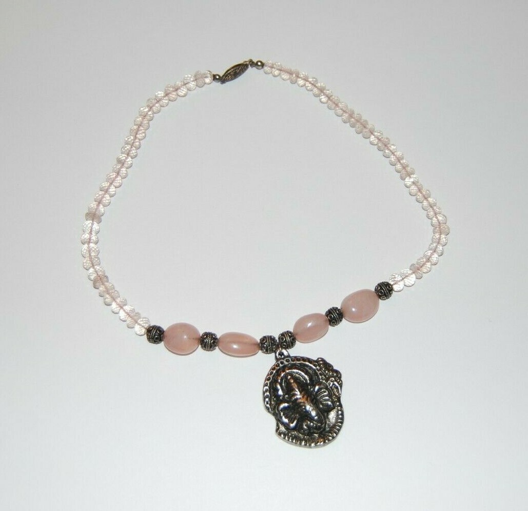 ELEPHANT SILVER TONED PENDANT WITH PINK NATURAL & GLASS BEADS STRAND NECKLACE