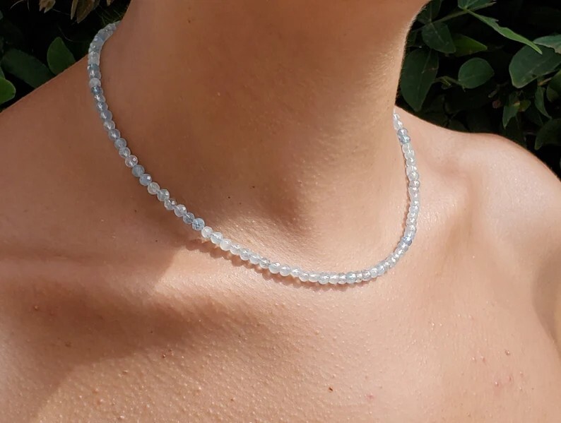 2mm Aquamarine Crystal Gemstone Faceted Beads Dainty Choker Necklace Minimalist