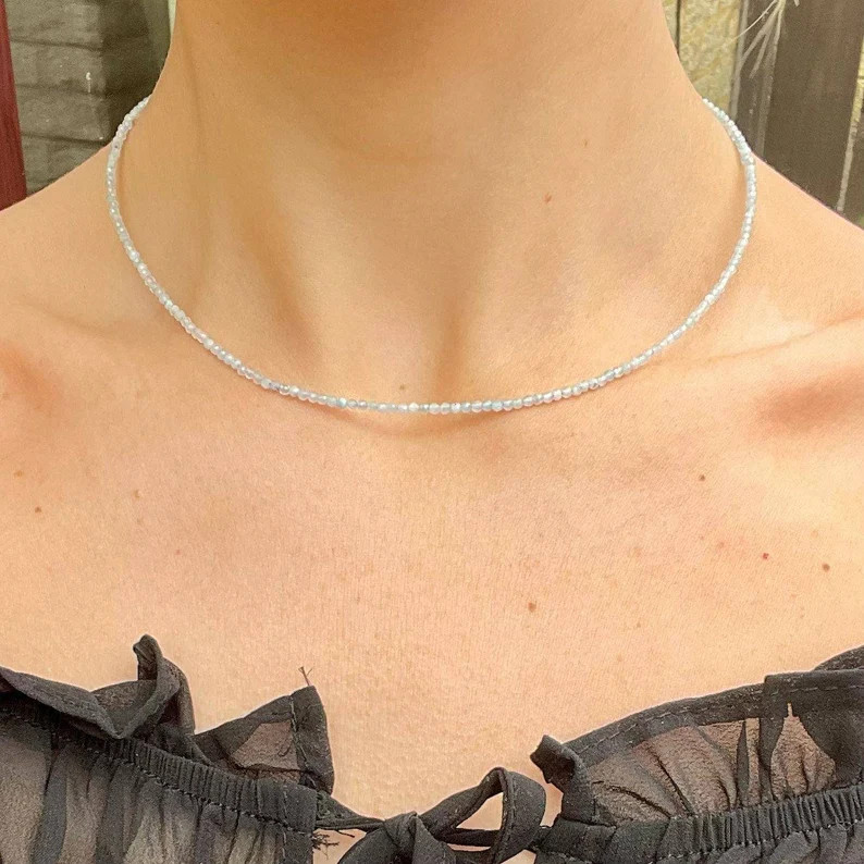 2mm Aquamarine Crystal Gemstone Faceted Beads Dainty Choker Necklace Minimalist