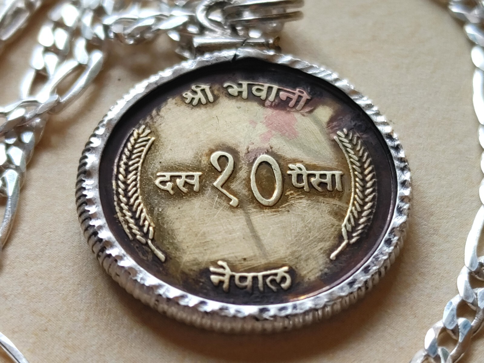 Sunrise & Sickle Moon Himalayan Mountain Nepal coin pendant & Italian 925 chain