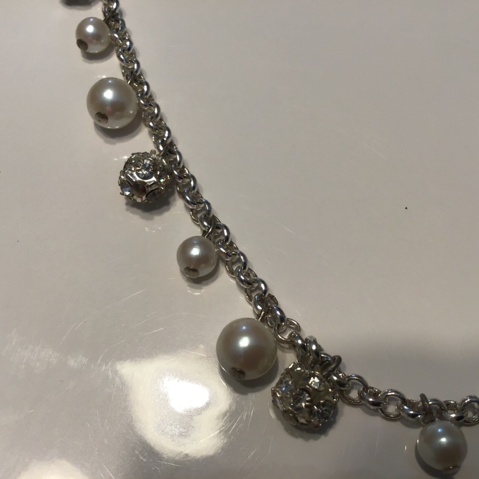 Faux Pearl Rhinestone Bead Dangle Necklace Choker 15” Silver Tone