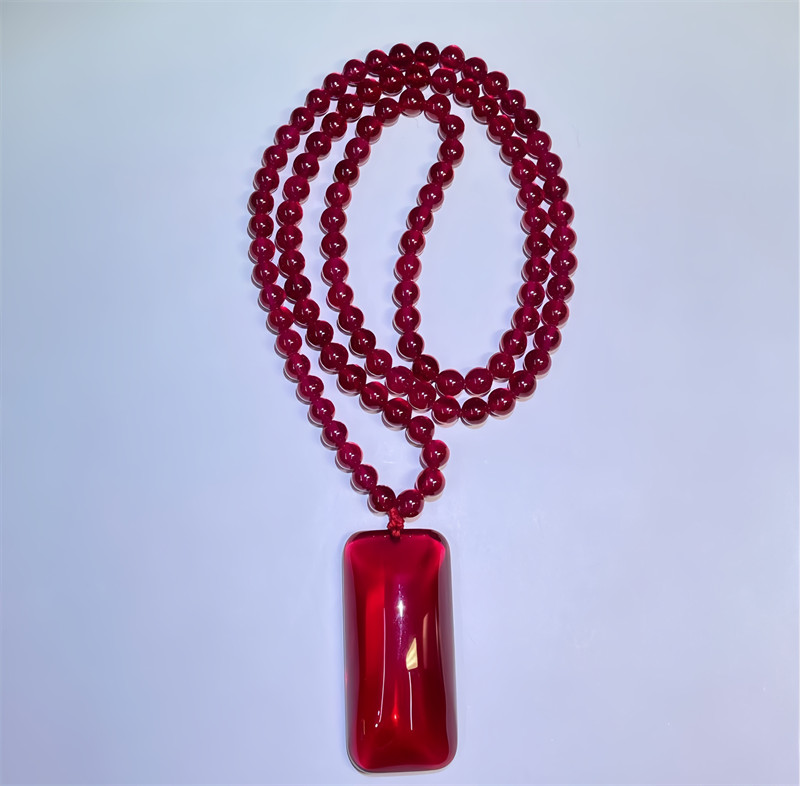 TOP QUALITY LAB-CREATED ROUND BEADS RUBY NECKLACE，EMERALD CUT PENDANT