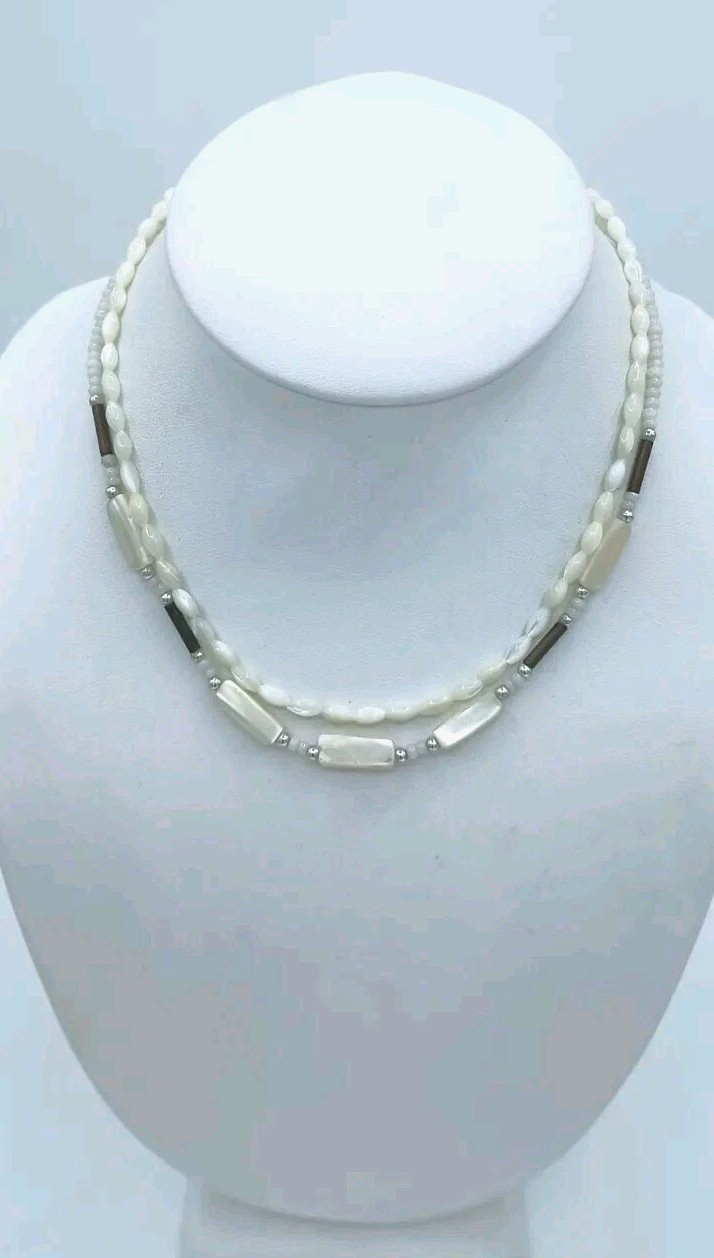 VTG Mother Of Pearl Shell Choker Necklace Set 2 Hand Carved Surfer Beach Unisex