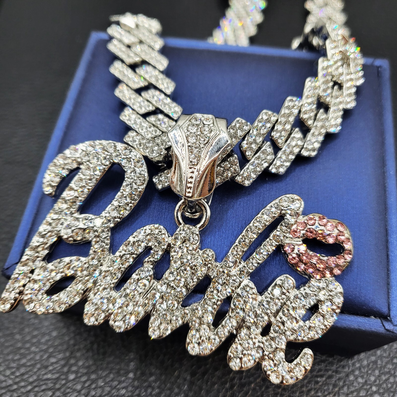 Women Silver Plated Barbie Bling Charm Iced Cubic Zirconia Cuban Chain Necklace