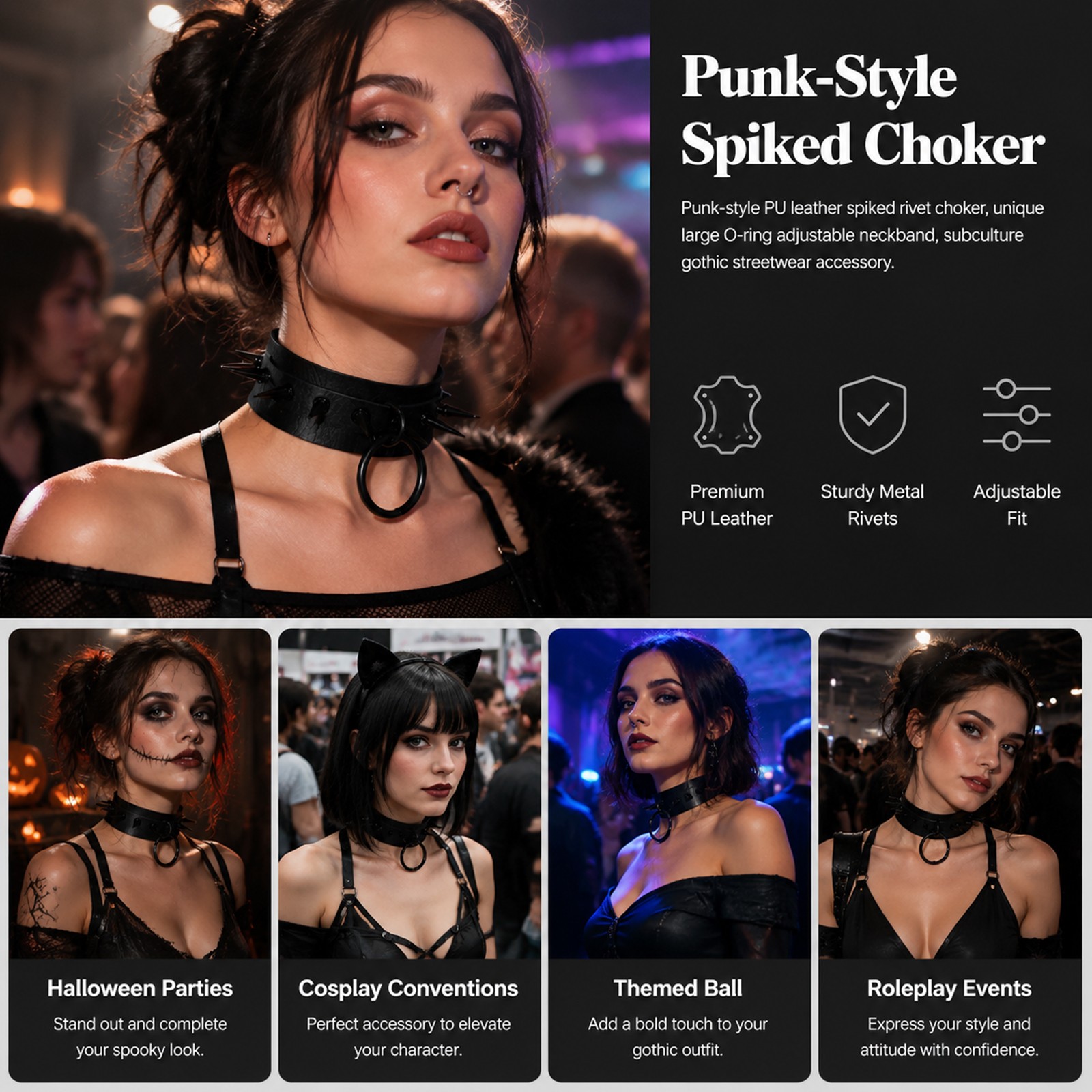 Punk Rocker PU Leather Spike Studded Choker Necklace for Women Adjustable Collar
