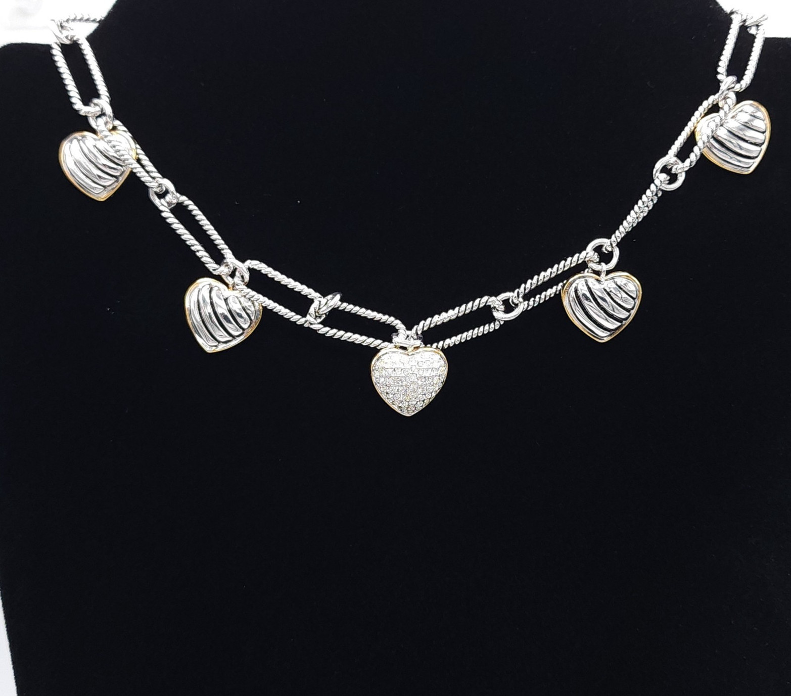 Heart Charm Necklace Paperclip Chain Rhinestone Pave Heart Toggle Clasp 16in