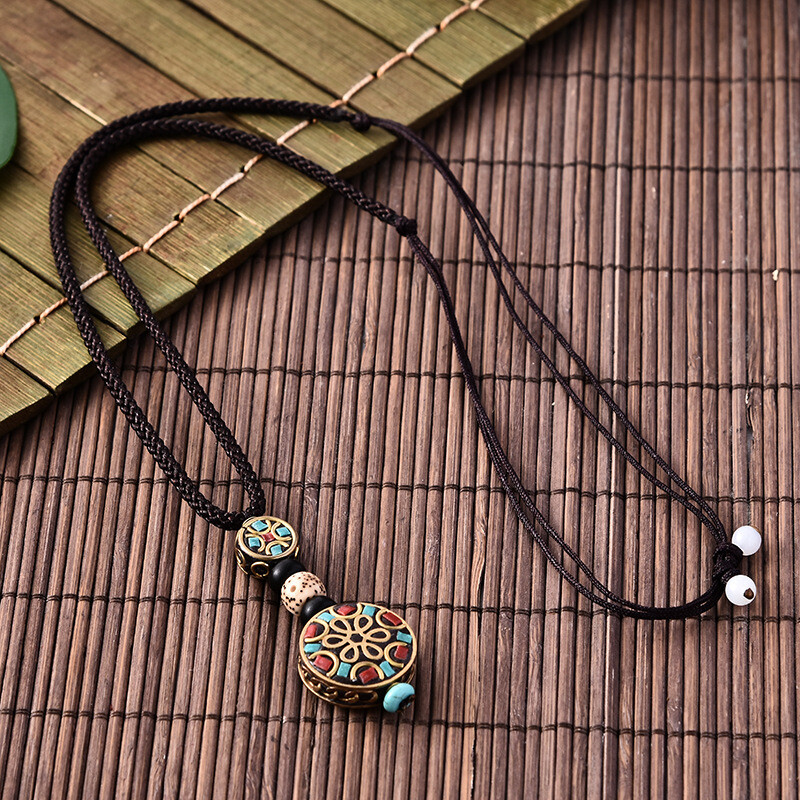 Nepal Long Buddhist Wood Beaded Pendant Necklace Ethnic Buddha Lucky Jewelry