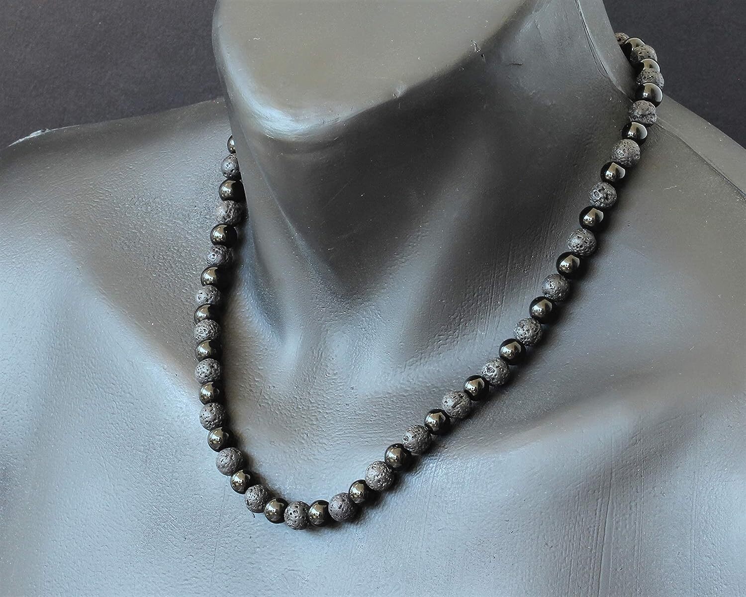 Mens Long Necklace Natural Black Lava & Black Onyx Beaded Healing Adjustable