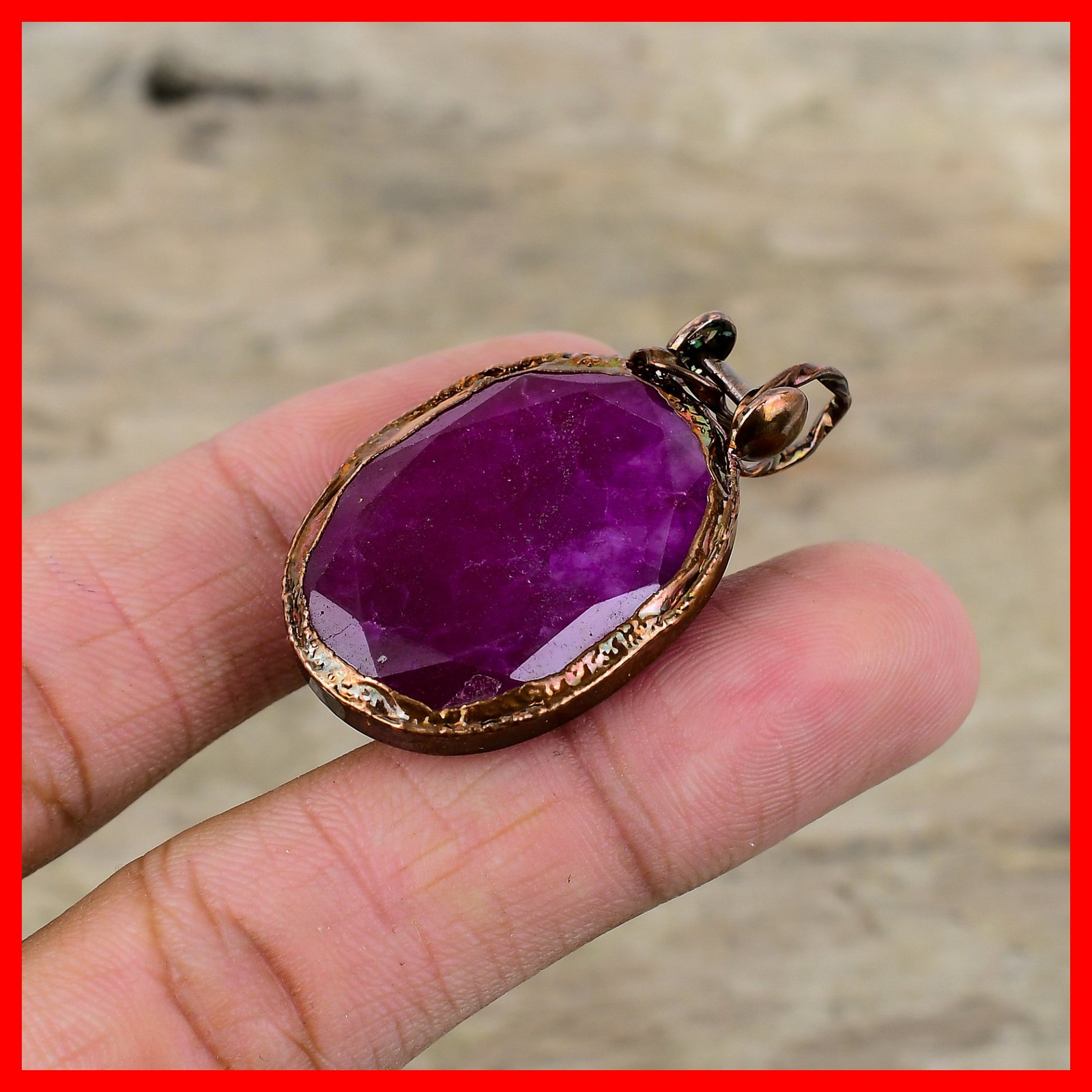 Oval Natural Kashmir Rubi Bezel Electroformed Artisan Elegant New Pendant Copper