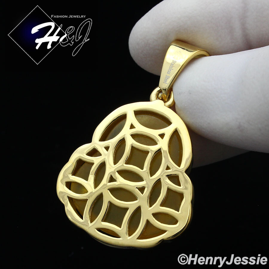MEN WOMEN Stainless Steel Yellow Rhinestone Gold Plated Buddha Charm Pendant*123