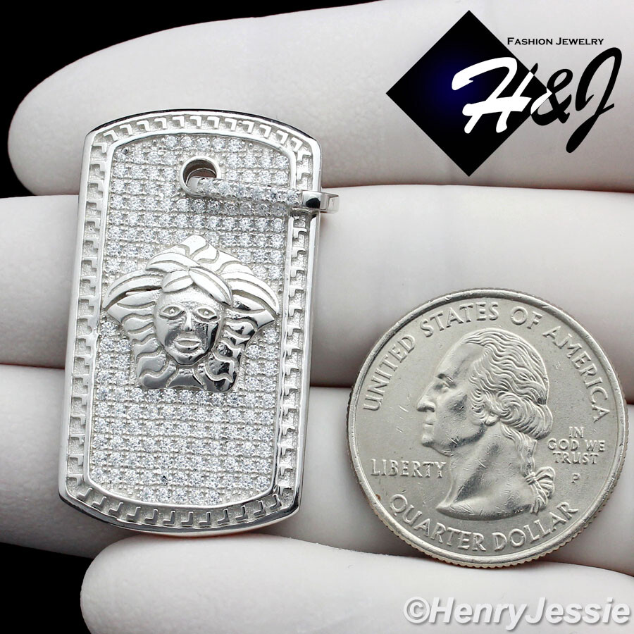 MEN 925 STERLING SILVER ICY BLING CUBIC ZIRCONIA HEAD DOG TAG PENDANT*SP112