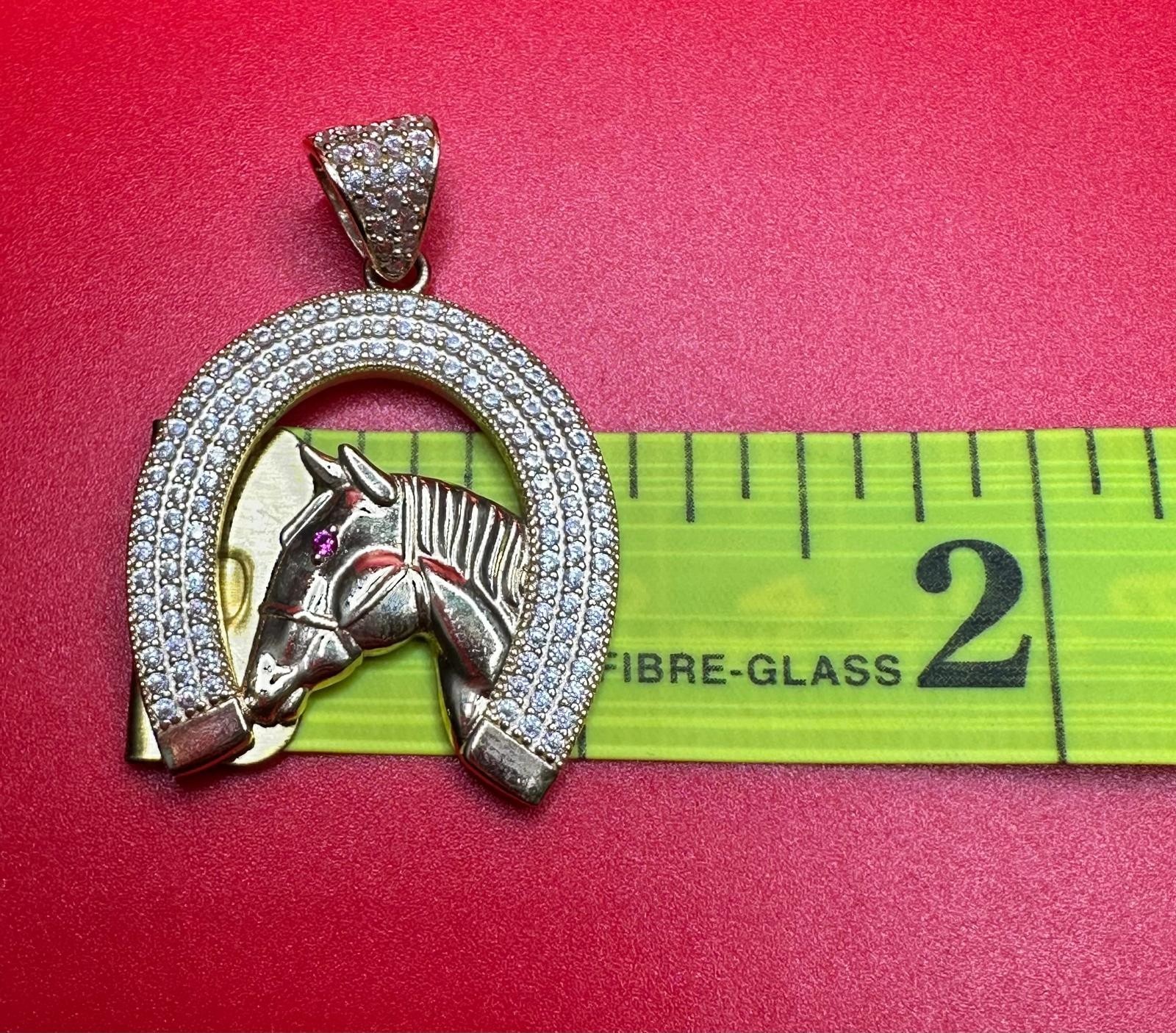 14K Yellow Gold Horseshoe Horse Head Pendant Cubic Zirconia/Ruby