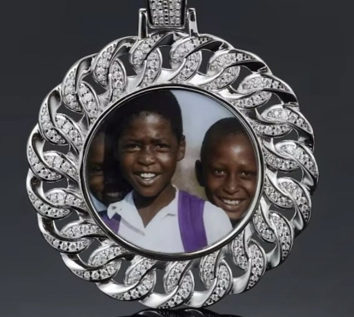 Silver Tone Pavé Iced Out Round Engraved Photo Pendant Rope Chain Necklace