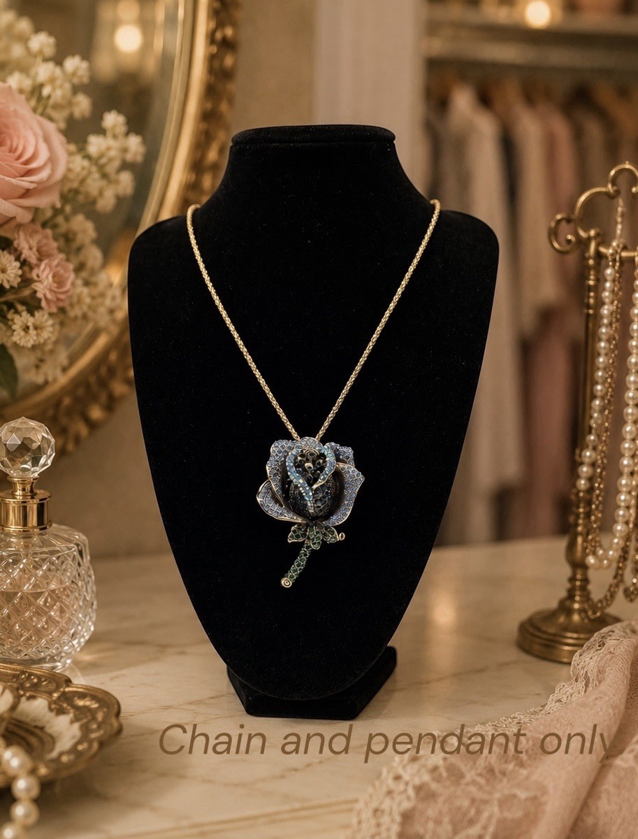 Betsey Johnson 3D Blue Rose Pendant Necklace Aurora Borealis Rhinestones