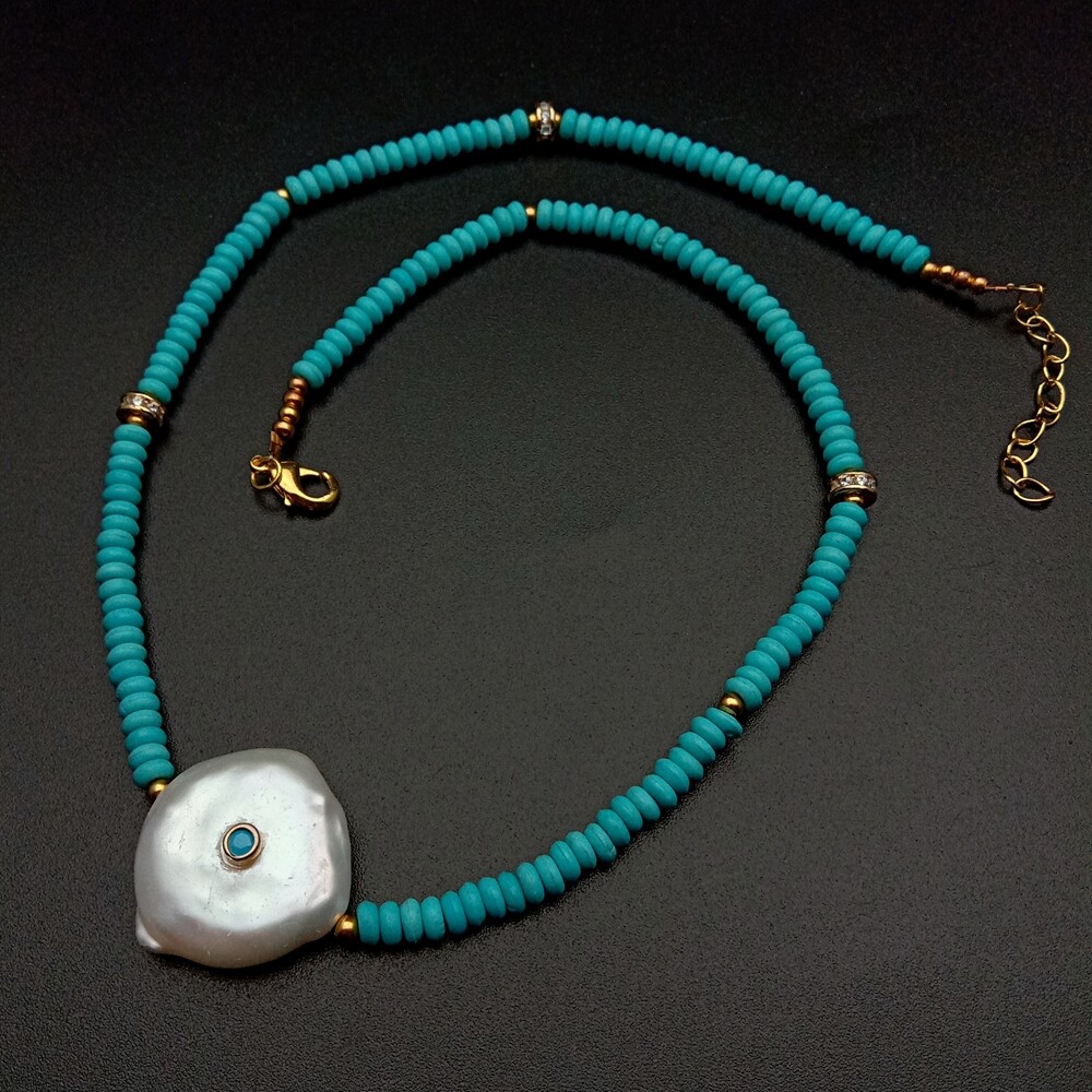5mm Blue Turquoise Cultured White Coin Pearl Necklace Unique Choker Necklace