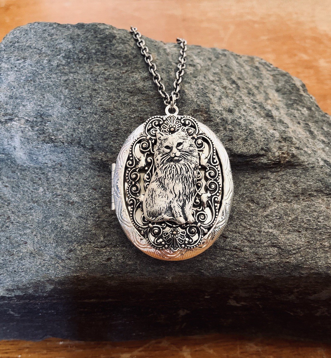 Cat Locket Necklace, Photo Memorial Ashes Pendant, 925 Sterling Silver Chain