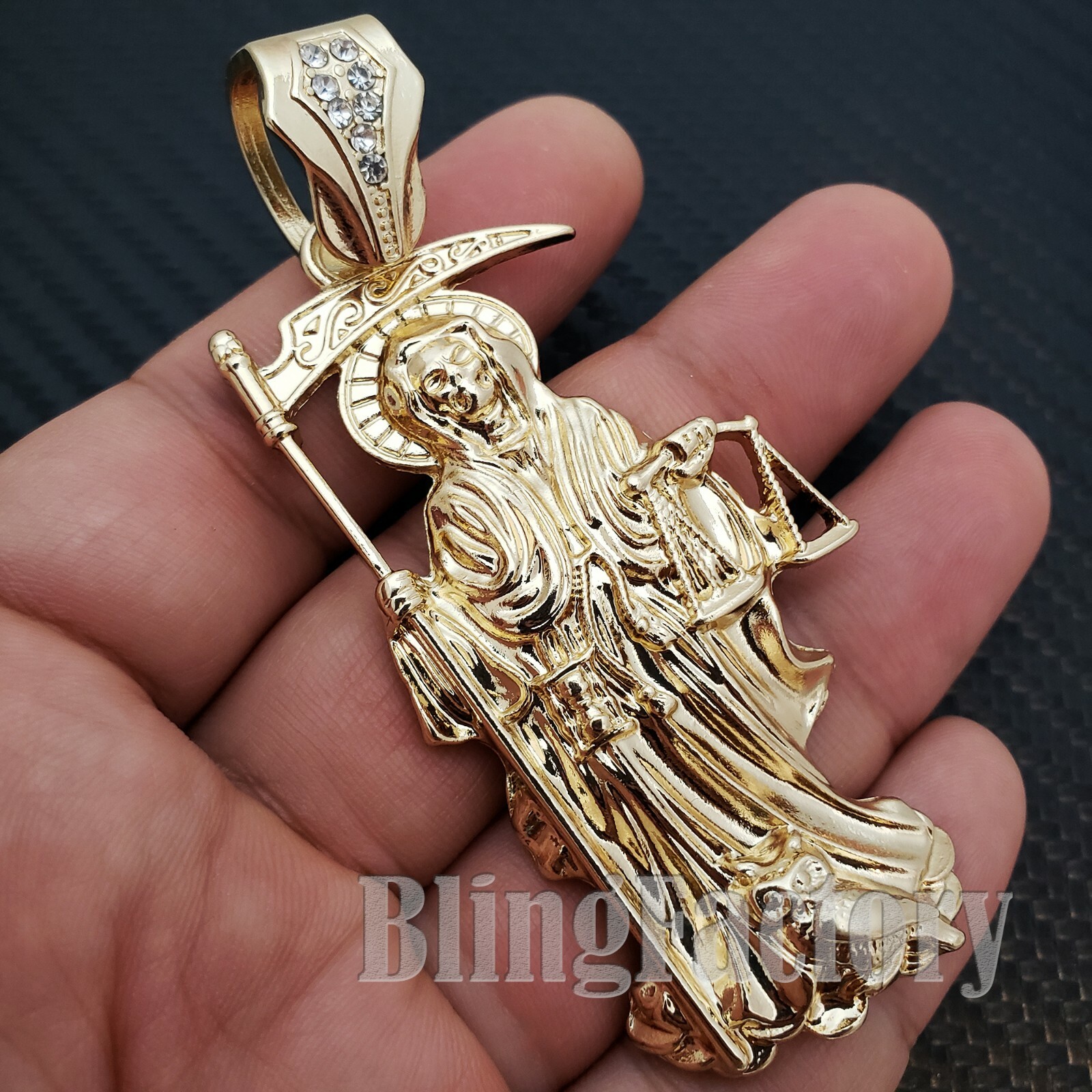 HIP HOP GOLD PLATED ALLOY CUBIC ZIRCONIA SAINT DEATH SANTA MUERTE CHARM PENDANT