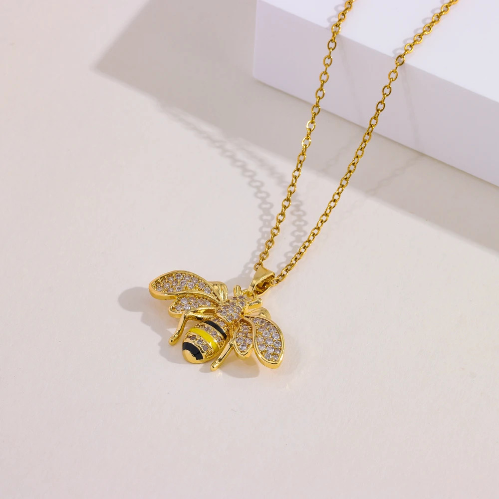 18K Gold Plated Zircon Crystal Bee Pendant Necklace Women Stainless Steel Chain