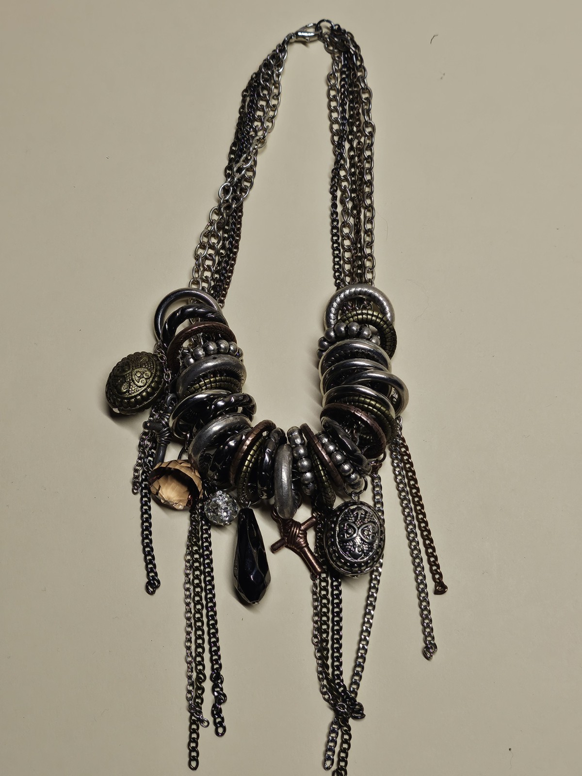 Vntg charm necklace beaded rings various Design Elements silver tone black boho