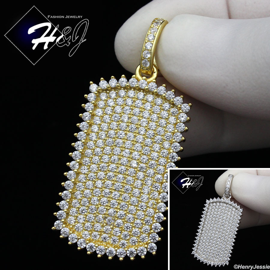 MEN 925 STERLING SILVER ICY BLING GOLD PLATED/SILVER DOG TAG CHARM PENDANT*SP164