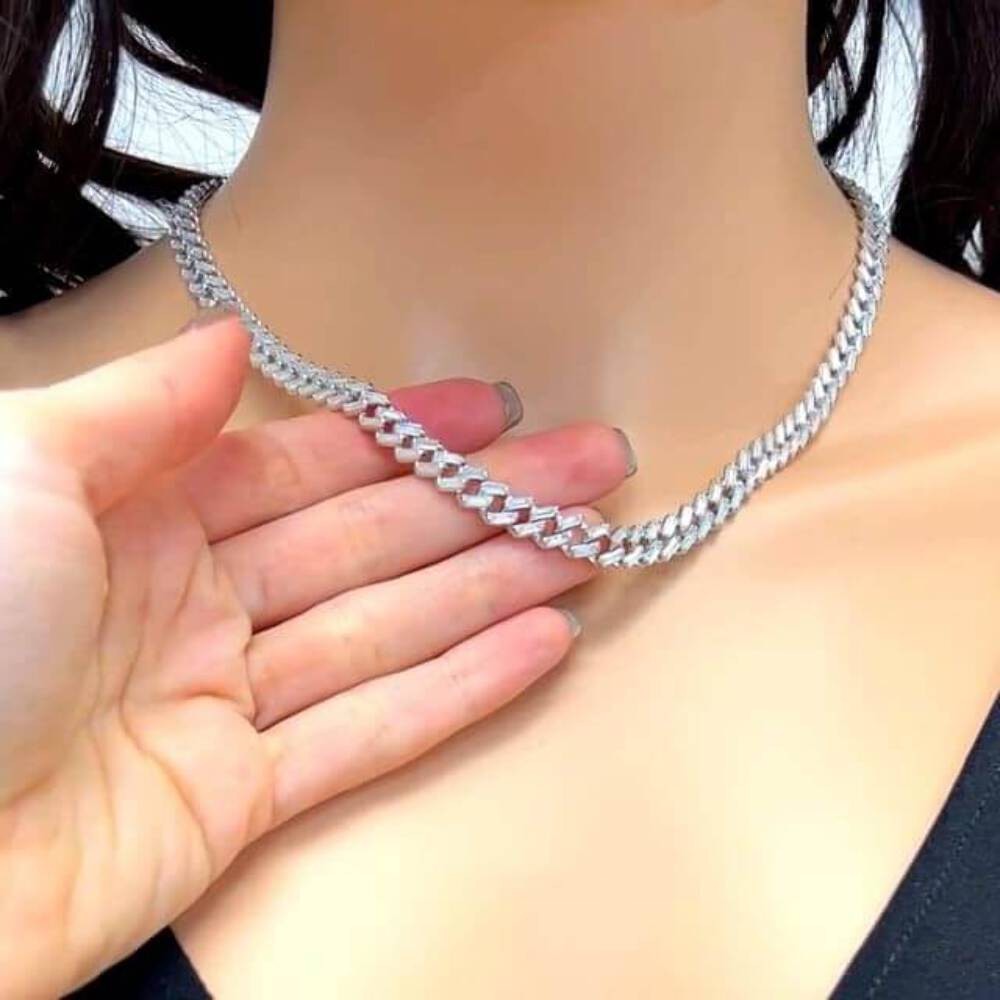 18K White Gold Over Silver 7mm Miami Cuban Baguette Simulated Diamond Necklace