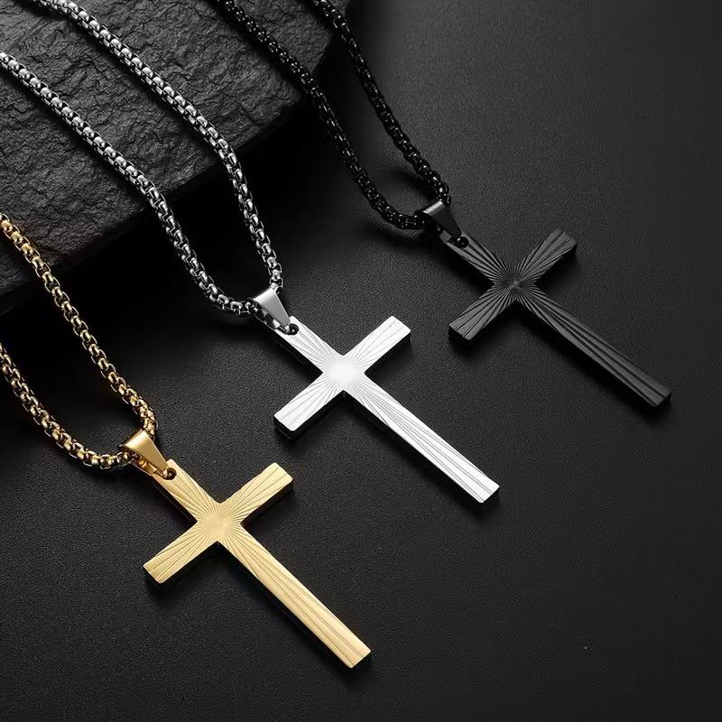 Christian Cross Pendant Necklace Sunburst Etched Chain Faith Jewelry Gift