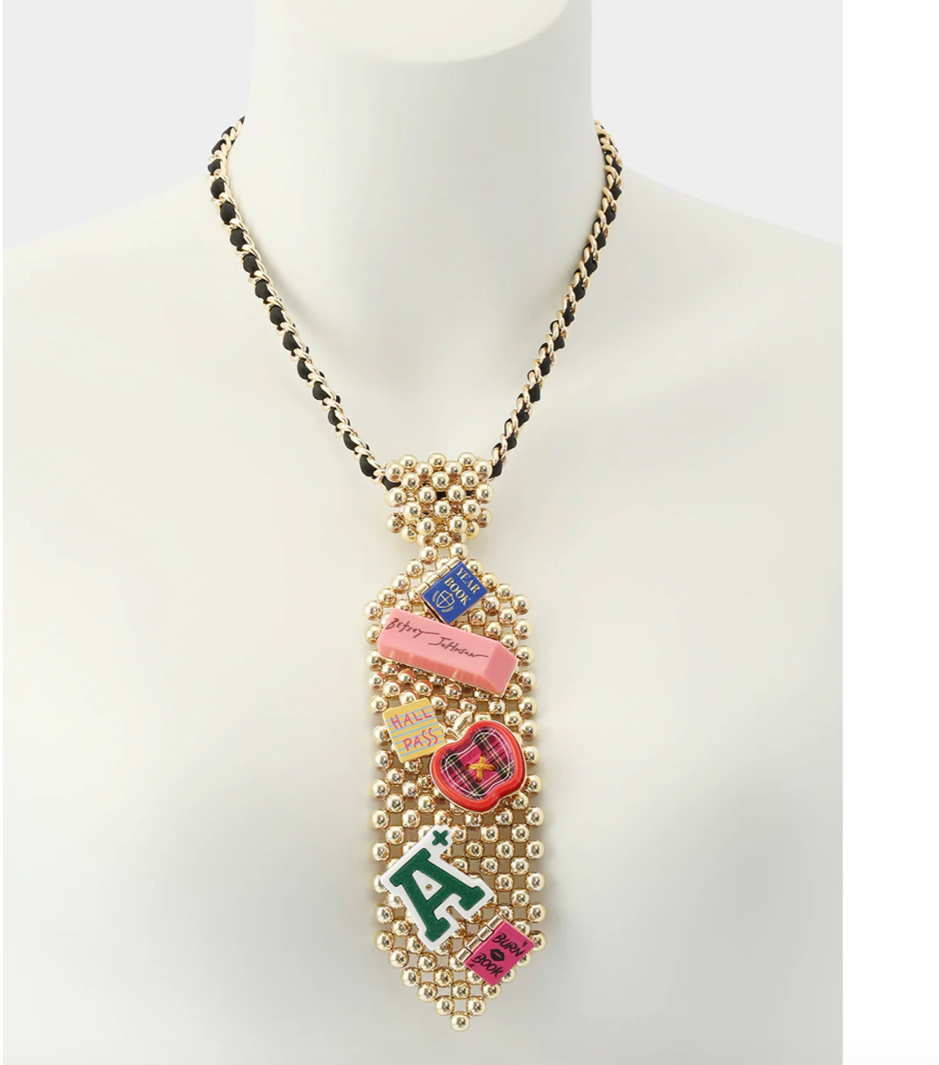 Betsey Johnson school TIE Charm Gold Beaded Long Pendant NWT MSRP ~ $148