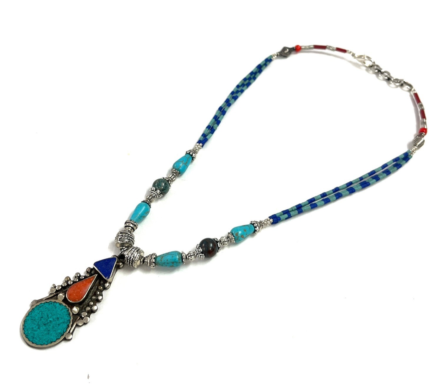 Tibetan Turquoise Lapis Gemstone Handmade Necklace Jewelry, 17 Inch Adjs
