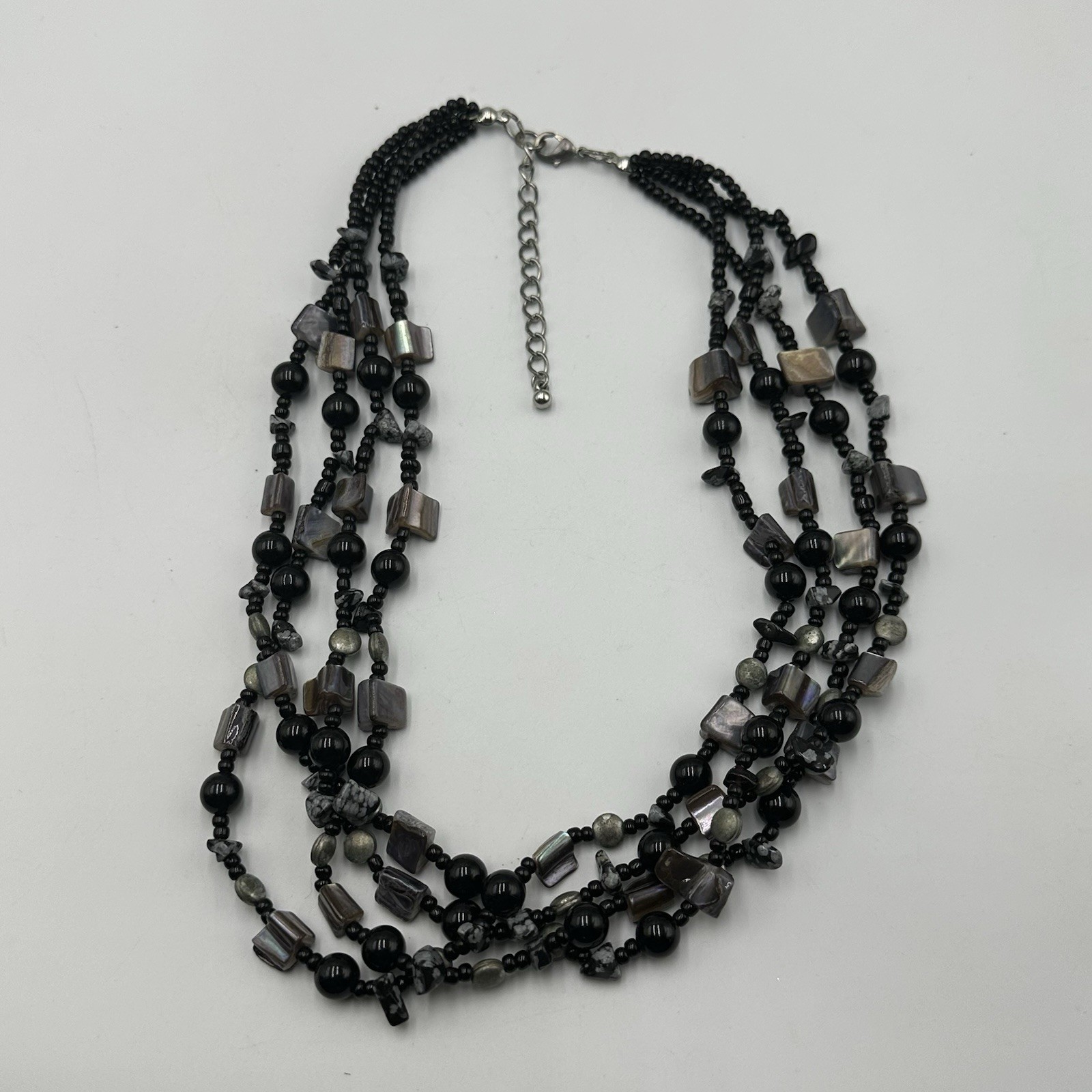 Shell Bead Necklace Multi Strand Black Grey Chunky Layered Jewelry 18 Inch