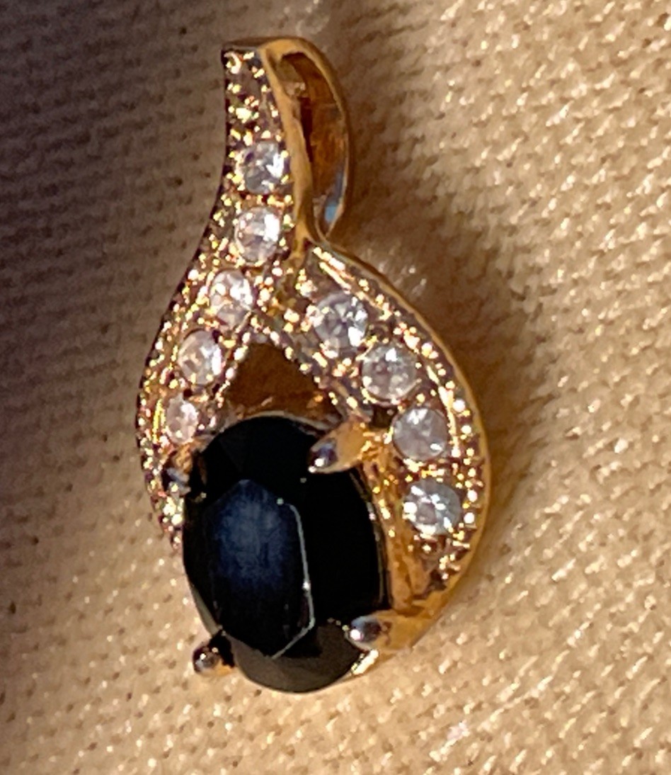Vintage Romans Faux Prong Set Sapphire Rhinestone Filigree Gold tone Pendant