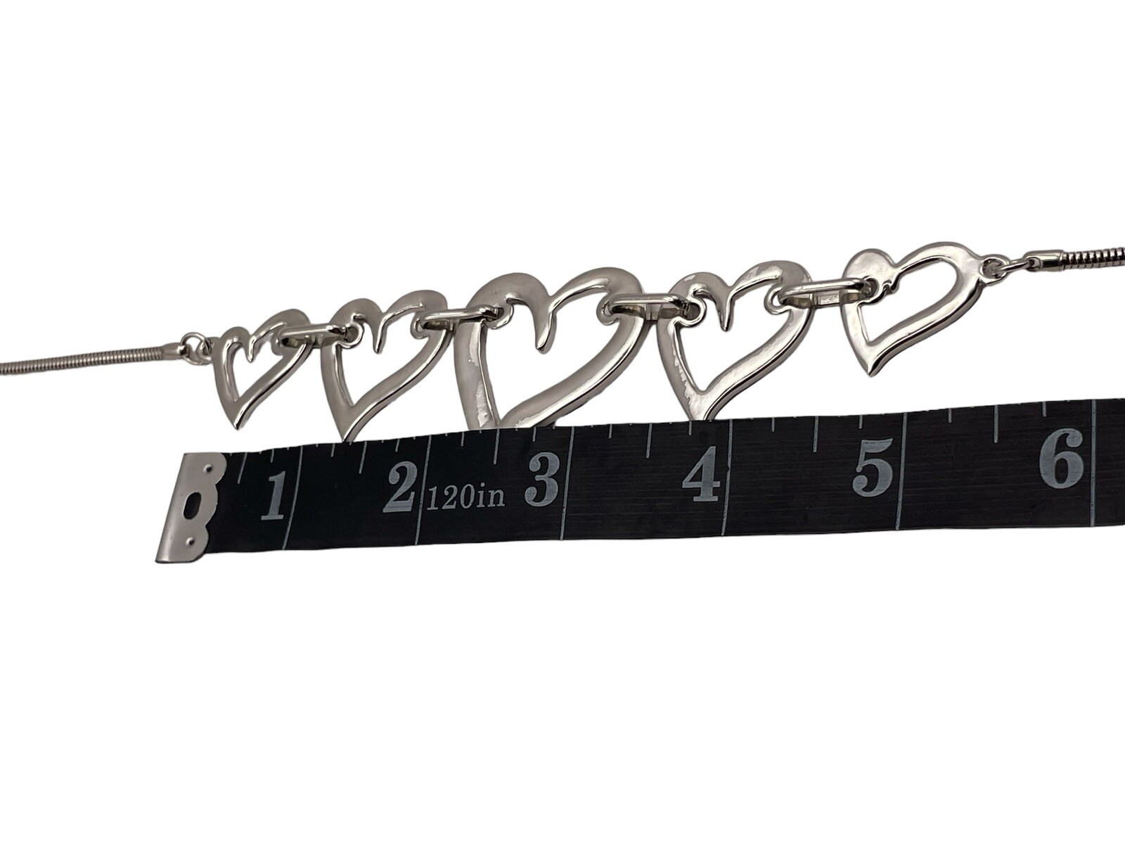 Open Heart Shiny Silver Tone Link Collar Necklace Adjustable Modern Contemporary