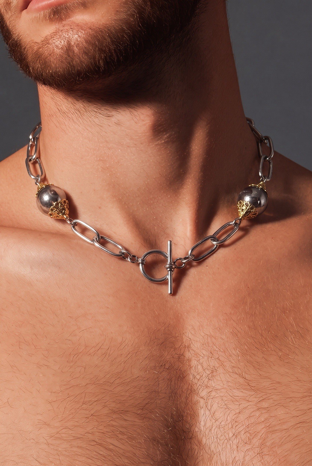 Two-Tone Silver Gold Oval Link Chain Necklace, White Imitation Pearl Toggle