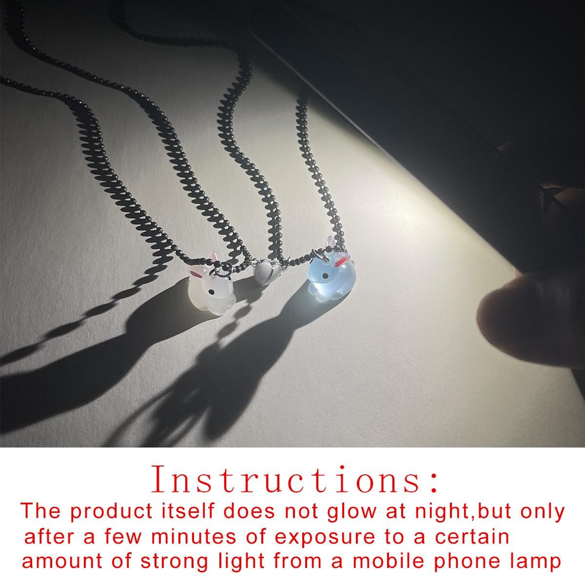 Glow Heart Rabbit Couple Necklace Blue White Pendant Black Bead Chain Gift