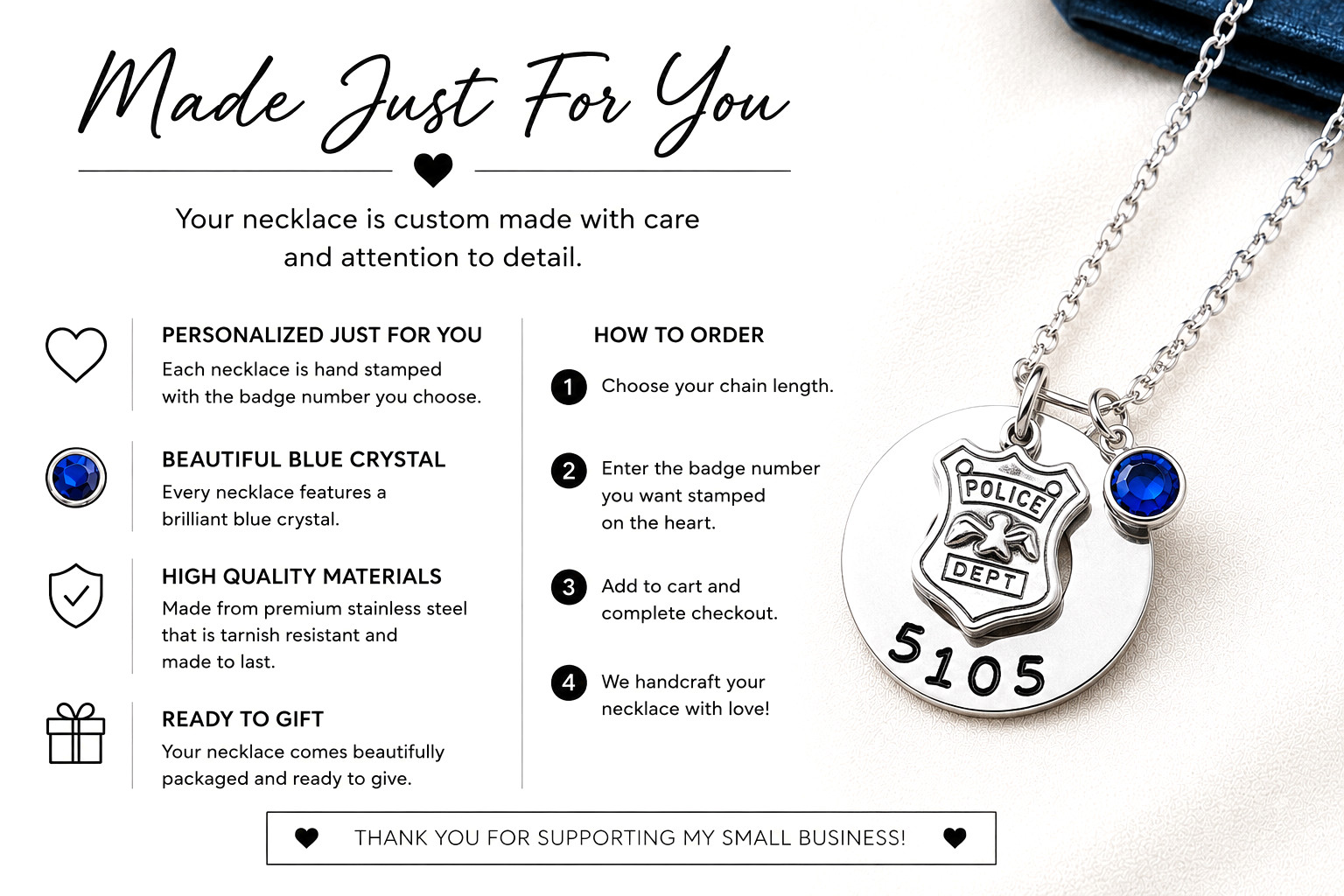 Police Hand Stamped Necklace w/ Custom Badge Number, Police Wife, Daughter, Mom