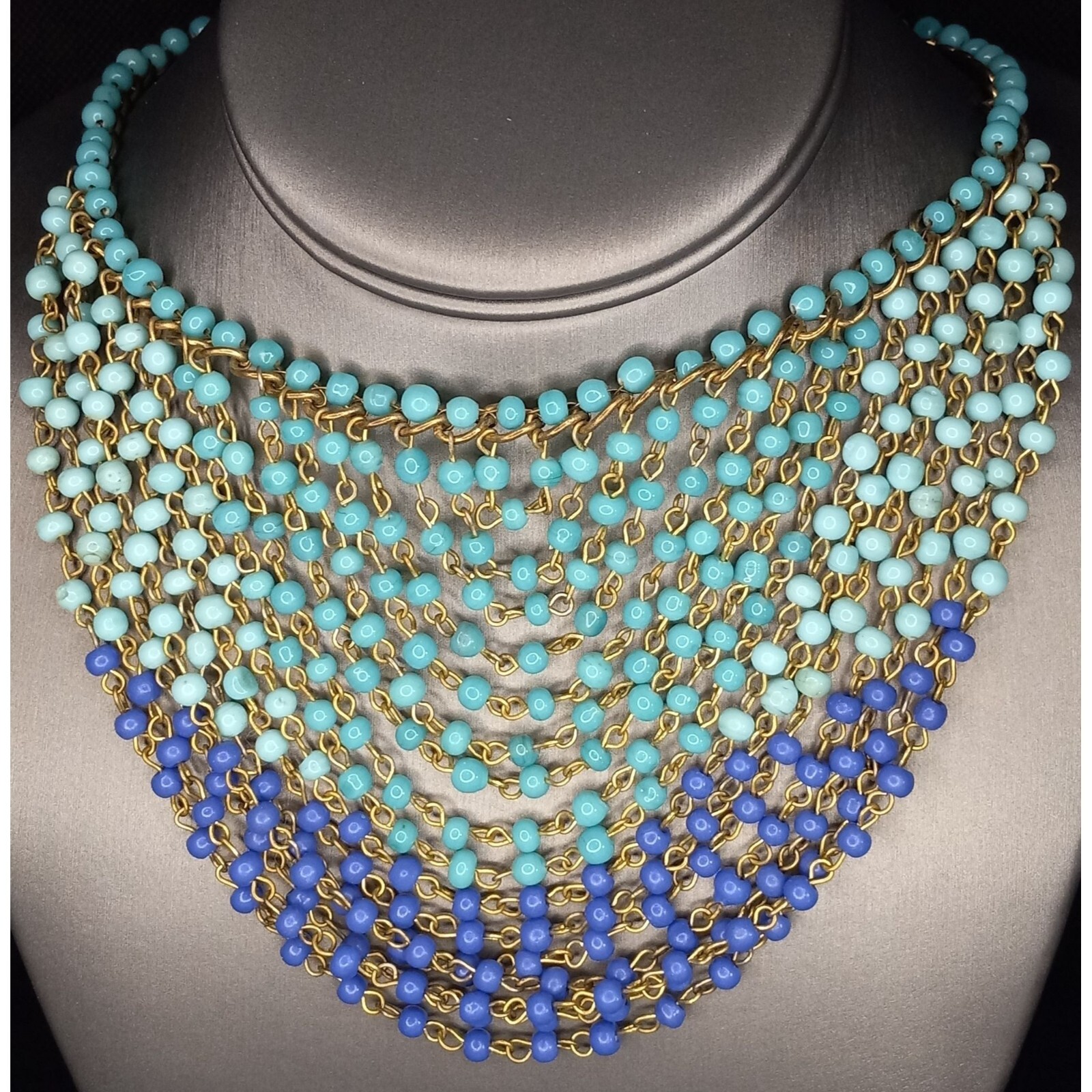 Cleopatra Style Glass Beads Blue Ombre Bib Layered Gold/Brass Tone Necklace