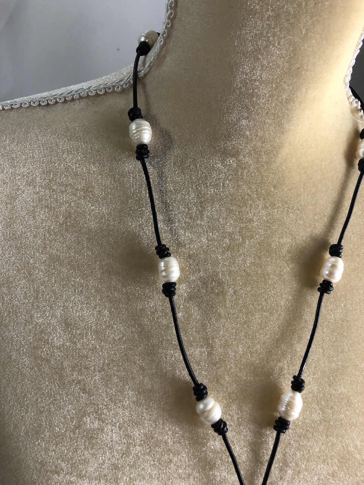 Baroque Pearl Necklace Leather Cord Station Tassel – 26 inch Length