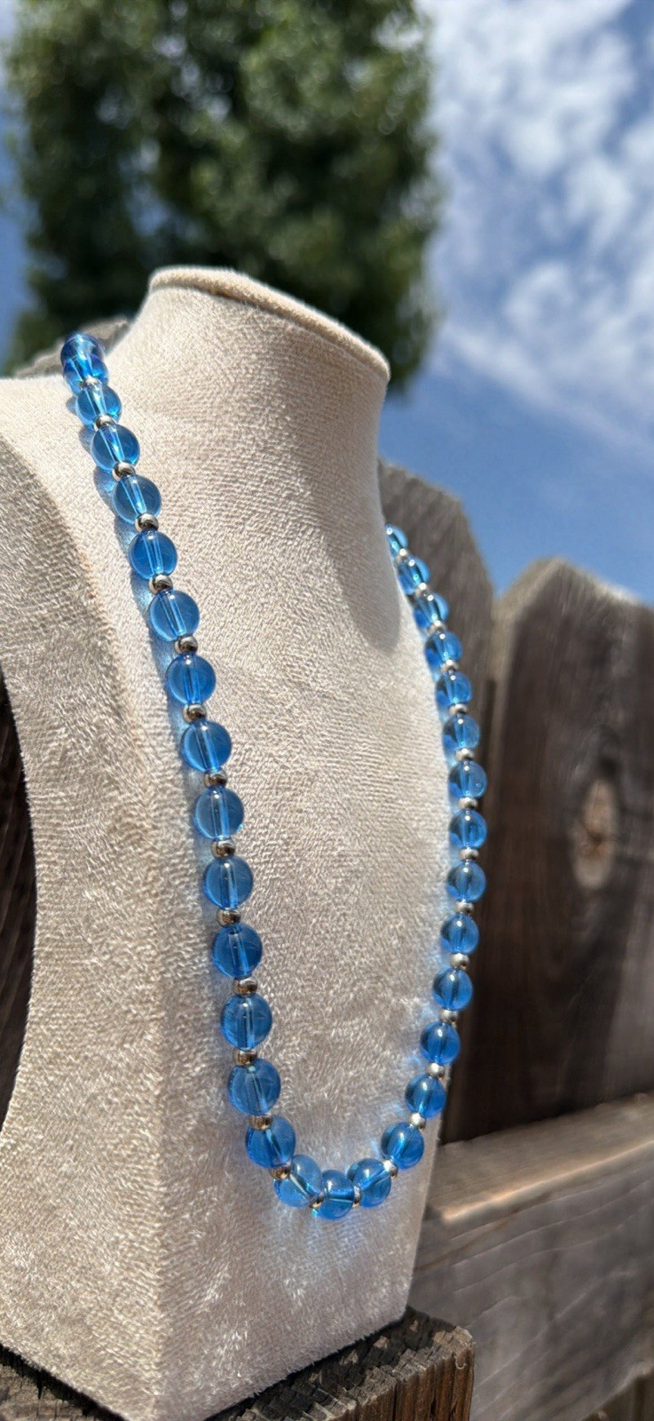 Blue Round Glass Beaded Necklace Adjustable Silver Tone Lobster Cable Chain