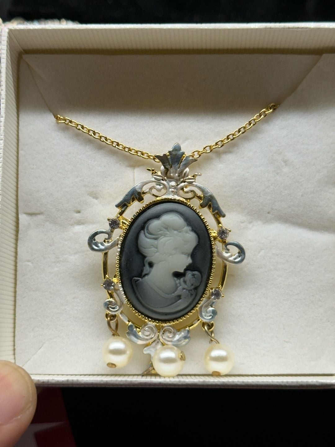 Victorian Style Black and Grey Cameo Pendant Necklace with Faux Pearl Drops