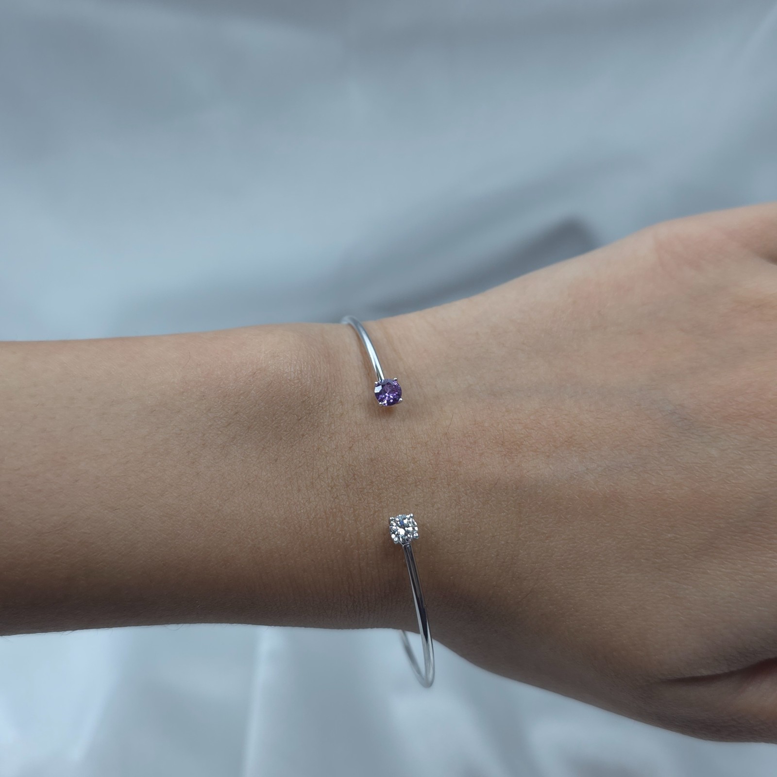 14Kt Gold Alexandrite and Lab Grown Diamond Open Cuff Bangle