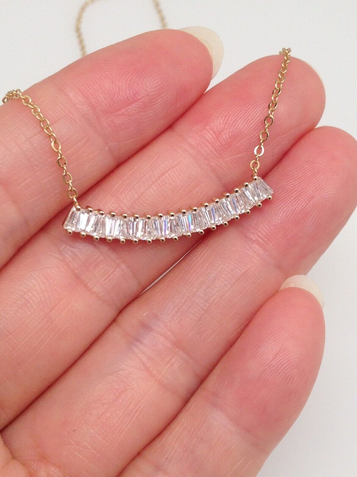 925 Sterling Silver CZ Curved Bar Pendant Necklace Sideways Gold Women 28mm 17″