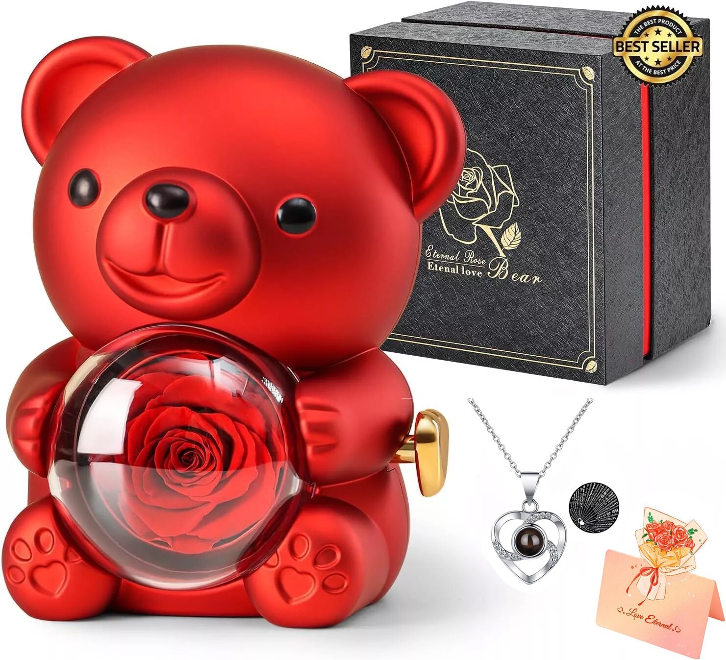 Romantic Hug Teddy Bear with Necklace, Preserved Red Rose, Gift Box for Women