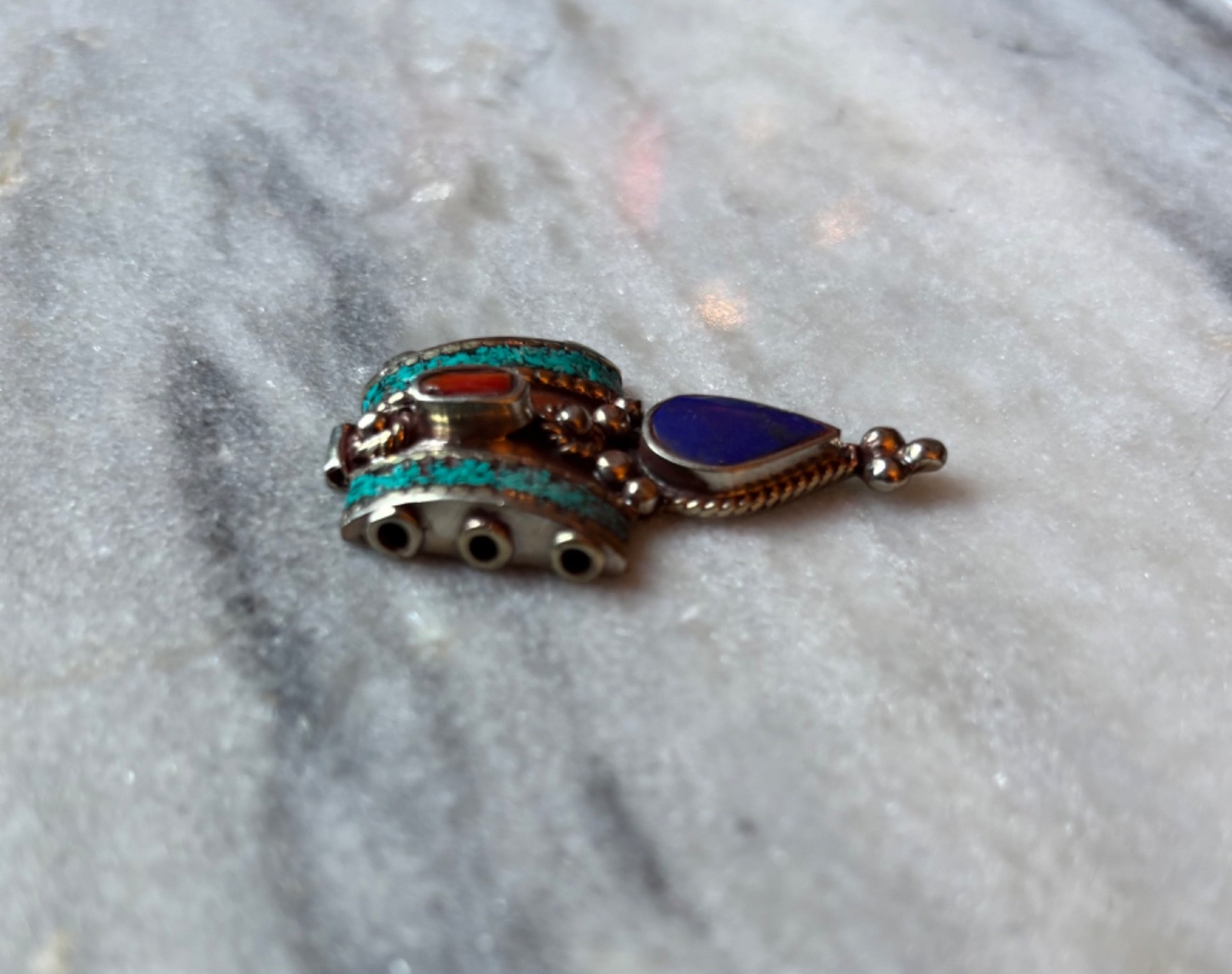 Turquoise, Coral, Lapis Lazuli, Tibetan Silver Bead w/3 holes for Necklace C639
