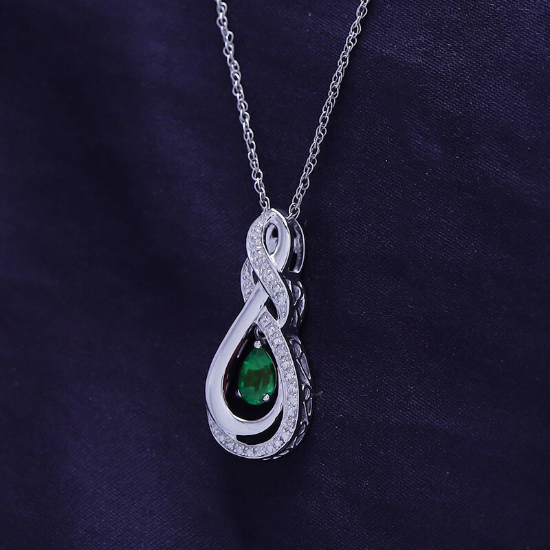 1/4 Ct Natural Diamond & Simulated Emerald Teardrop Pendant Necklace 925 Silver