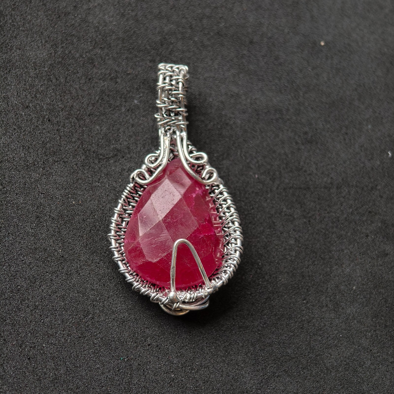 Handmade German Silver Kashmir Ruby Wire Wrapped Pendant Oxidized Silver Necklac