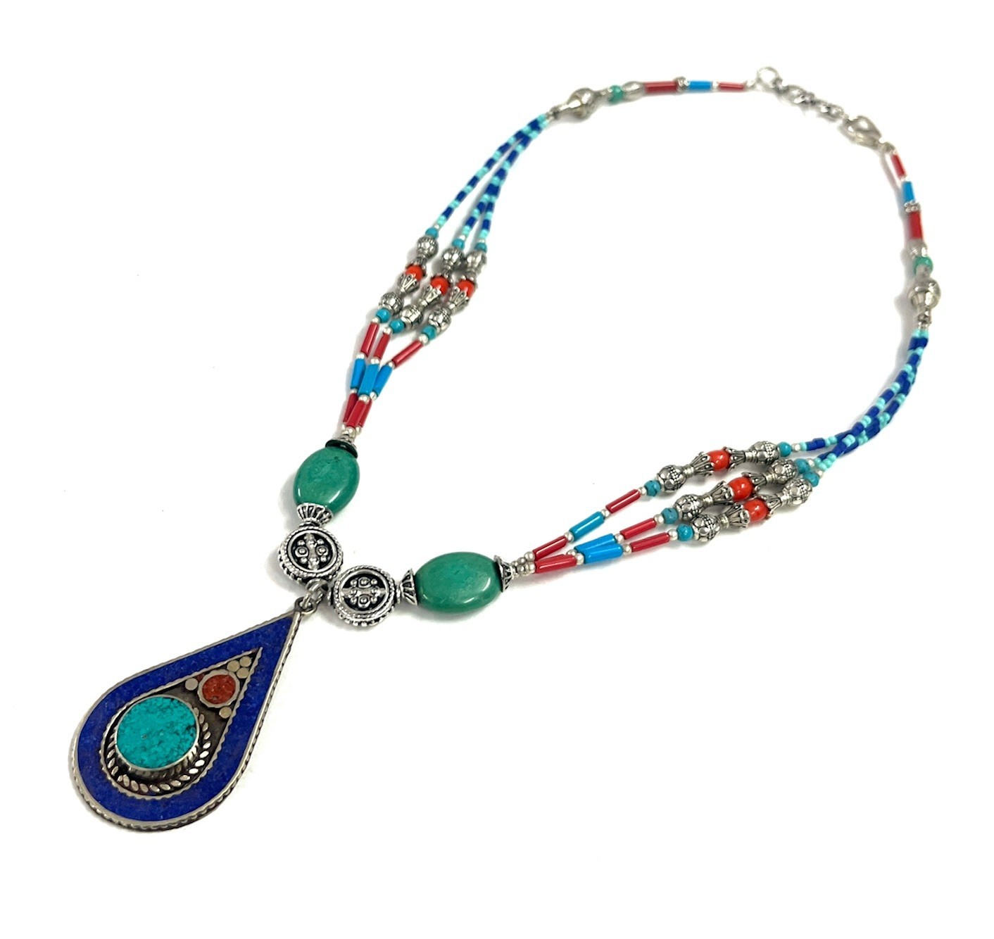 Antique Lapis Turquoise Gemstone Tibetan Style Necklace Jewelry, 18 Inc Adjs