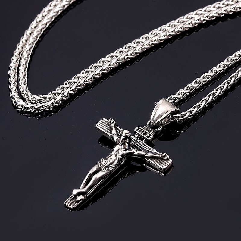 Men Stainless Steel Jesus Christ Crucifix Cross Pendant Chain Necklace