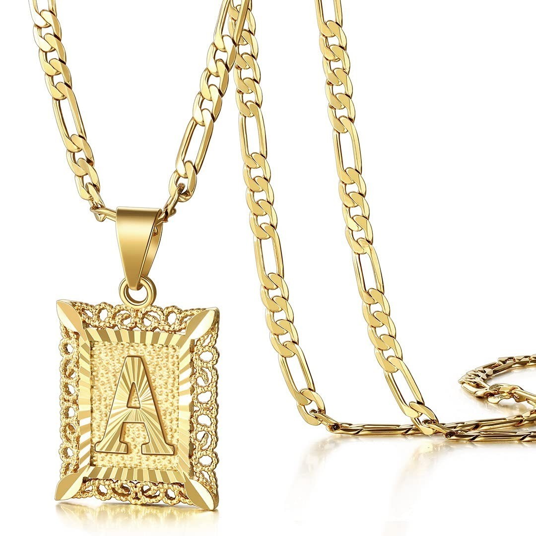 KissYan Initial Letter Pendant Necklace 14K Gold Plated Figaro Chain