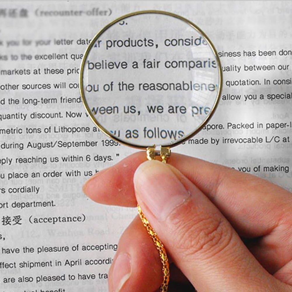 5X Magnifying Glass Pendant 1.6″ Glass Lens Dia. and 35″ Alloy Necklace (Gold…