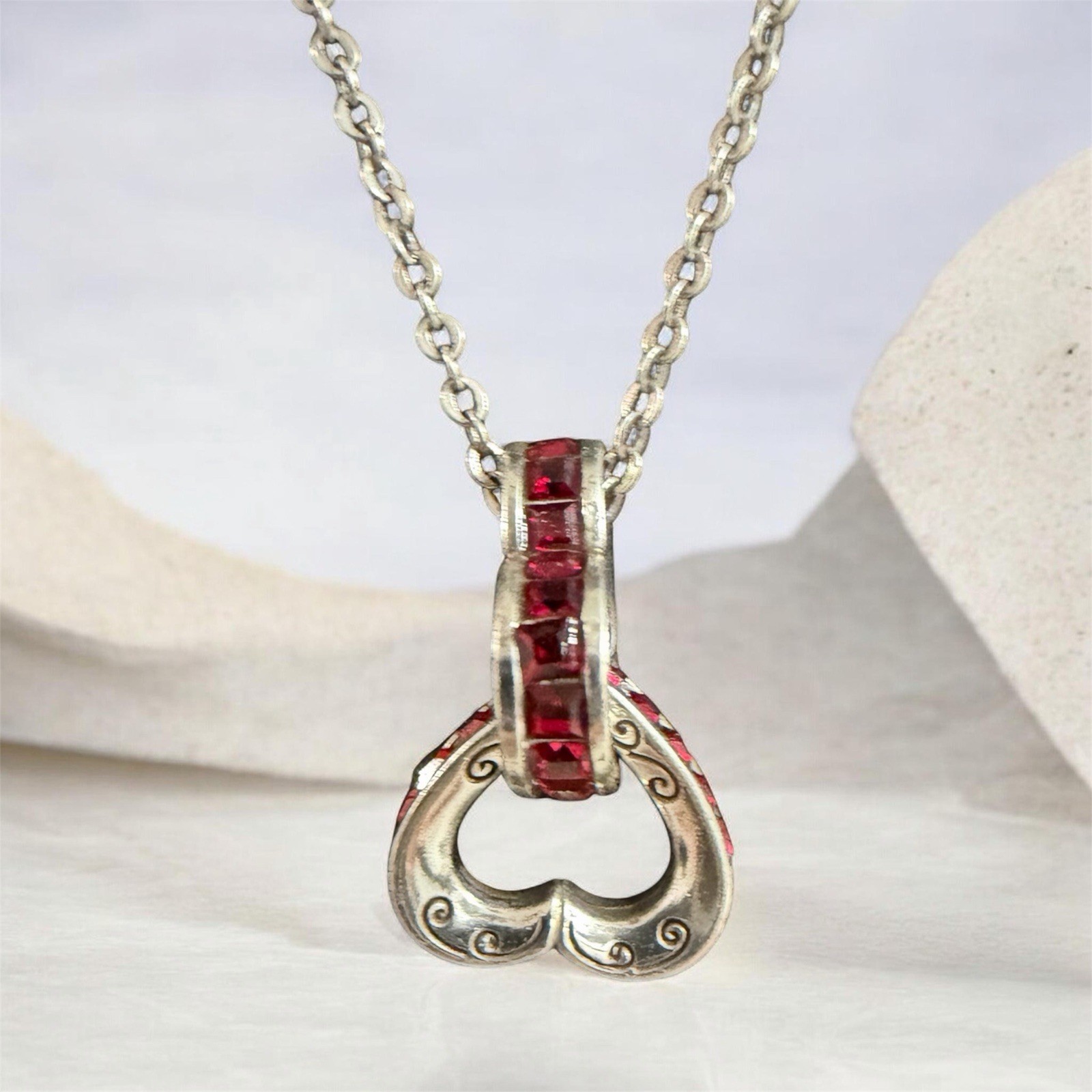 Retired Brighton Silver Plated Interlocking Heart Necklace Red & Clear Crystals