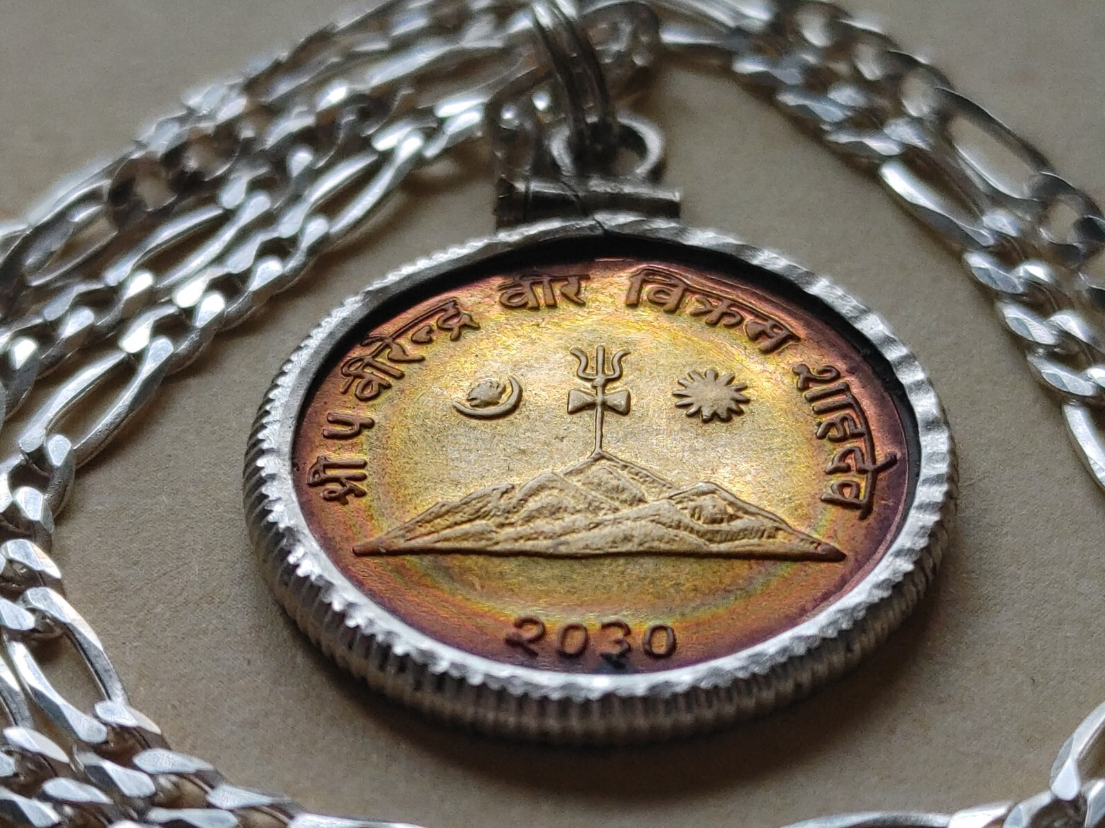 Sunrise & Sickle Moon Himalayan Mountain Nepal coin pendant & Italian 925 chain